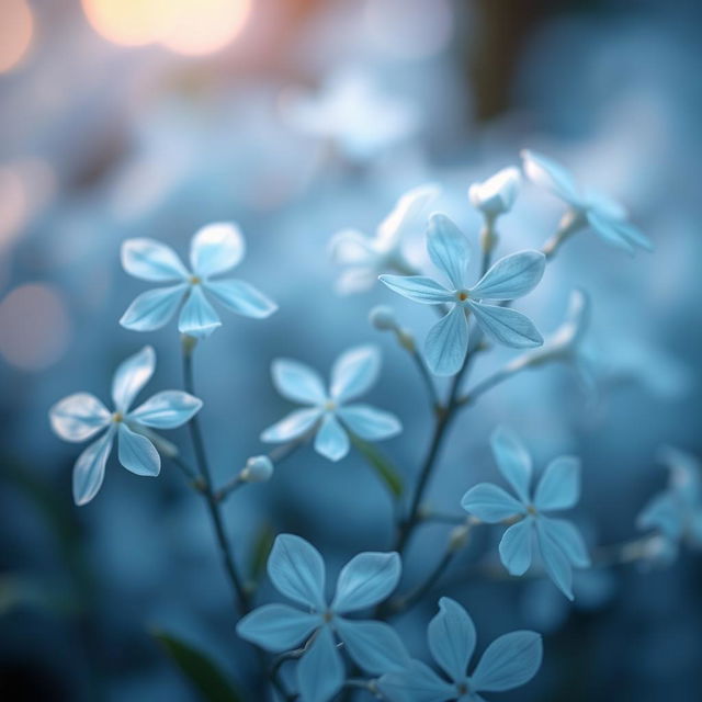 A dreamy, ethereal scene featuring delicate jasmine flowers in icy blue hues, gently illuminated by soft, ambient light