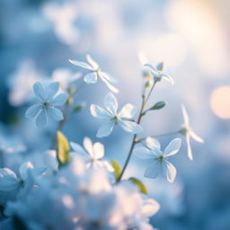 A dreamy, ethereal scene featuring delicate jasmine flowers in icy blue hues, gently illuminated by soft, ambient light