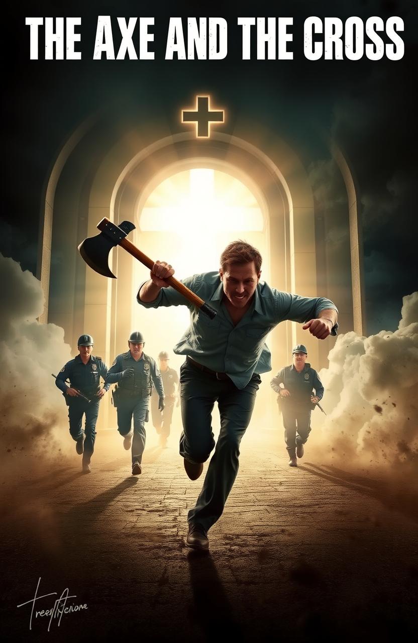 A dramatic scene depicting a man running energetically towards the ethereal gates of heaven, which gleam with divine light, creating a stark contrast against the darker surroundings