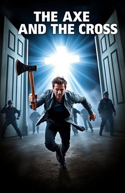 A dramatic scene depicting a man running energetically towards the ethereal gates of heaven, which gleam with divine light, creating a stark contrast against the darker surroundings