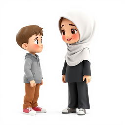 A charming 3D artistic representation of a young girl wearing a hijab, with a cute face and an age of around 8, standing on the right side of the image