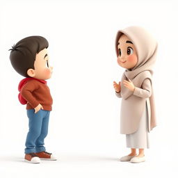 A charming 3D artistic representation of a young girl wearing a hijab, with a cute face and an age of around 8, standing on the right side of the image