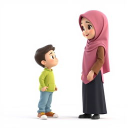 A charming 3D artistic representation of a young girl wearing a hijab, with a cute face and an age of around 8, standing on the right side of the image