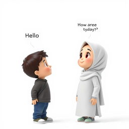 An artistic 3D view of a girl wearing a hijab and a boy standing together in a bright white background