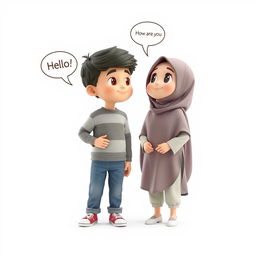 An artistic 3D view of a girl wearing a hijab and a boy standing together in a bright white background