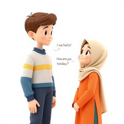An artistic 3D view of a girl wearing a hijab and a boy standing together in a bright white background