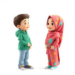 A 3D artistic illustration of a cute 8-year-old girl wearing a colorful hijab and a friendly smile, standing on the right side of the image