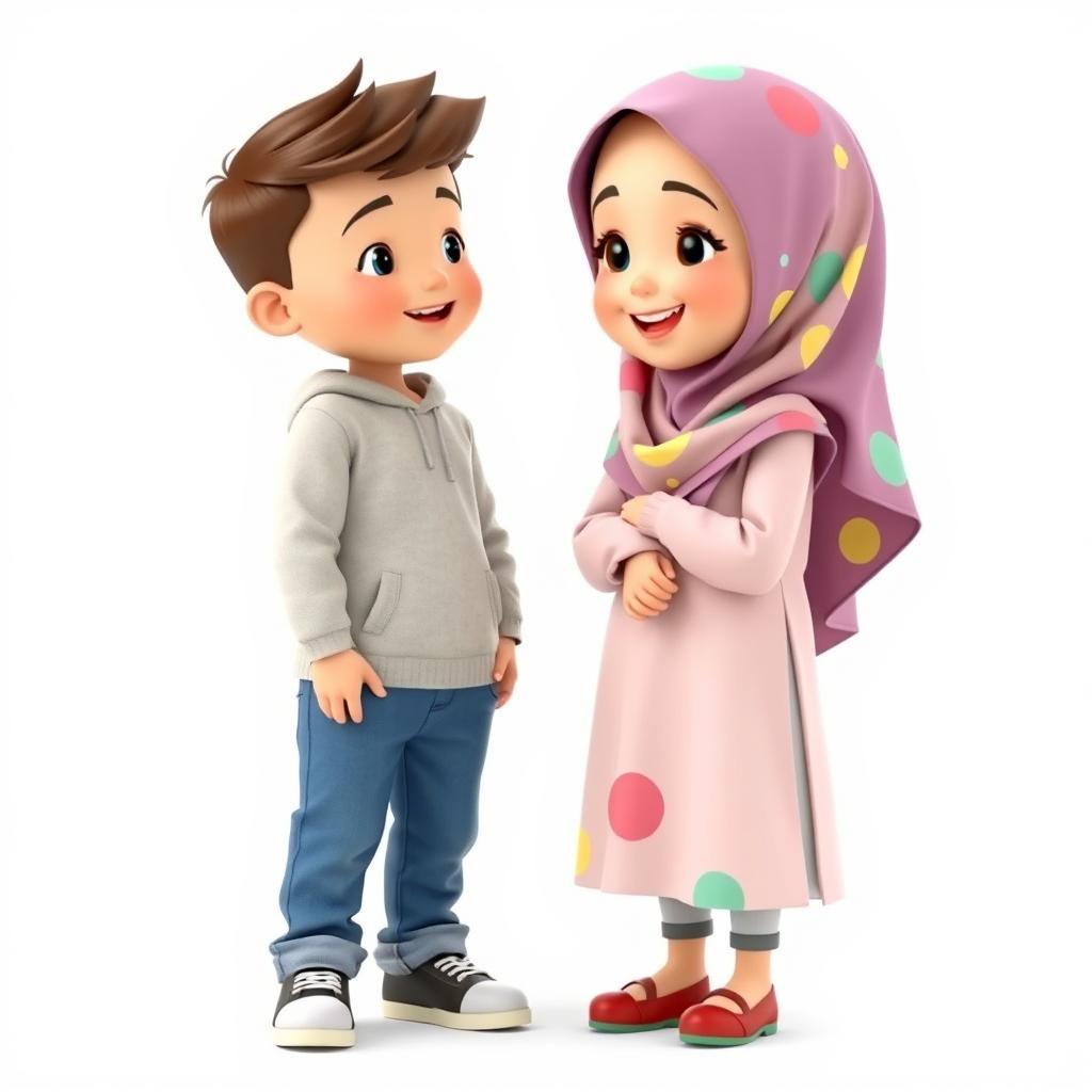 A 3D artistic illustration of a cute 8-year-old girl wearing a colorful hijab and a friendly smile, standing on the right side of the image