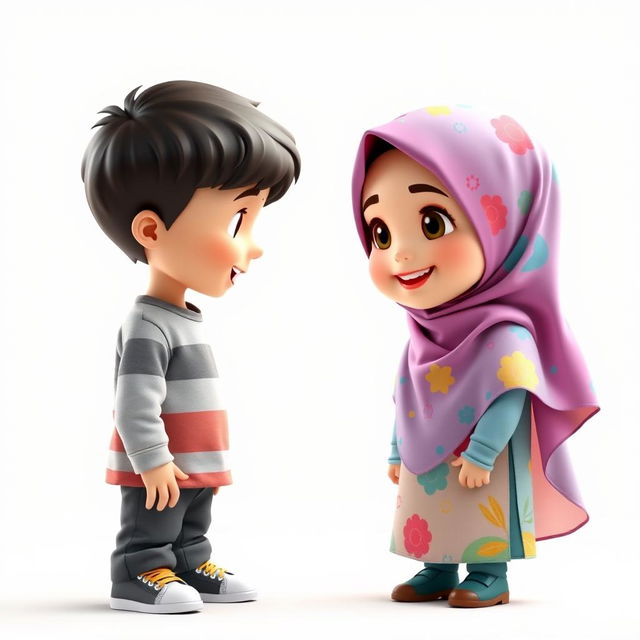 A 3D artistic illustration of a cute 8-year-old girl wearing a colorful hijab and a friendly smile, standing on the right side of the image