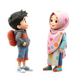 A 3D artistic illustration of a cute 8-year-old girl wearing a colorful hijab and a friendly smile, standing on the right side of the image