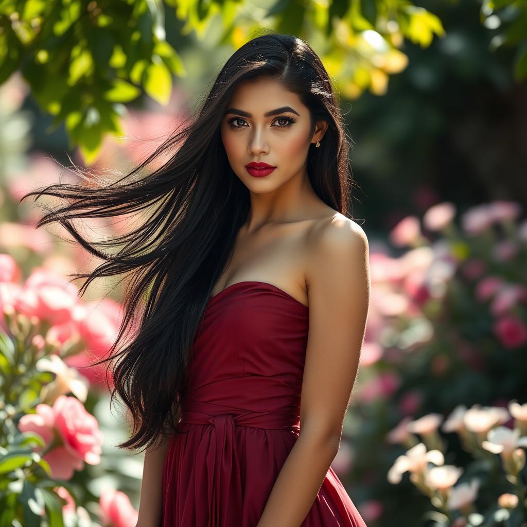 A stunning woman with flowing black hair, wearing an elegant, flowing dress in a rich color, standing in a softly lit, beautiful garden, surrounded by blooming flowers