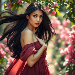A stunning woman with flowing black hair, wearing an elegant, flowing dress in a rich color, standing in a softly lit, beautiful garden, surrounded by blooming flowers