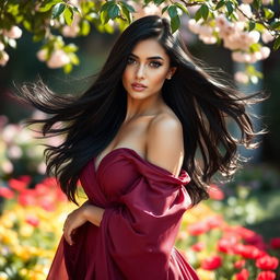 A stunning woman with flowing black hair, wearing an elegant, flowing dress in a rich color, standing in a softly lit, beautiful garden, surrounded by blooming flowers