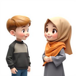 A cute 3D artistic representation of a girl aged 8 wearing a hijab and a scarf on her head, with an adorable face