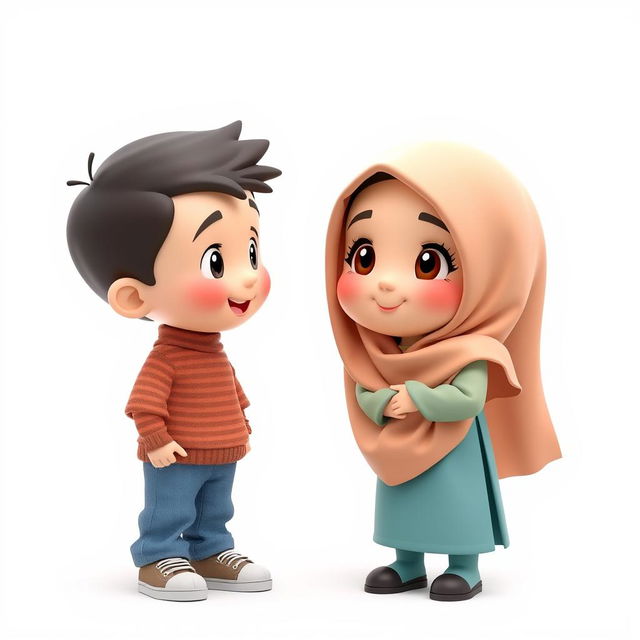 A cute 3D artistic representation of a girl aged 8 wearing a hijab and a scarf on her head, with an adorable face