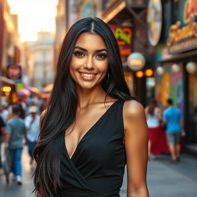 A beautiful woman with long, glossy black hair, wearing a stylish, elegant outfit, standing in a vibrant urban setting with colorful street art in the background