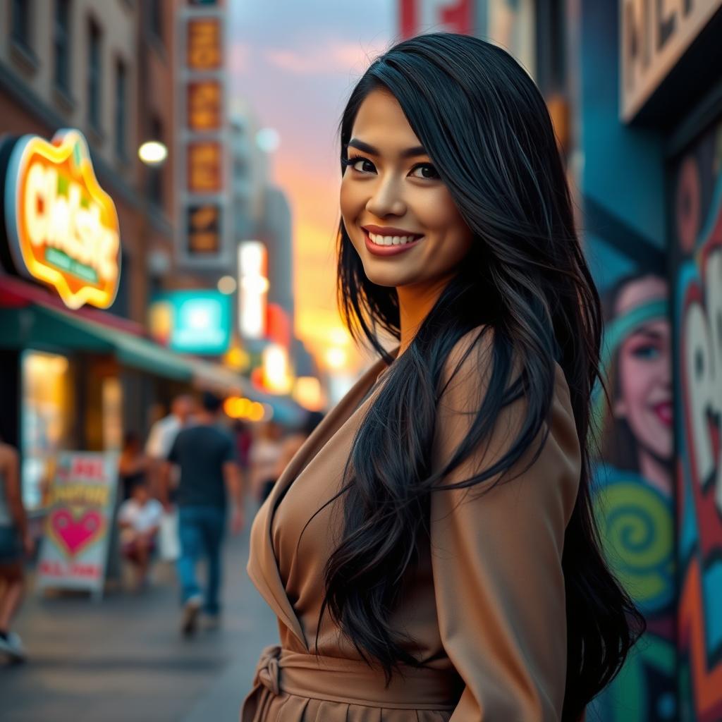 A beautiful woman with long, glossy black hair, wearing a stylish, elegant outfit, standing in a vibrant urban setting with colorful street art in the background