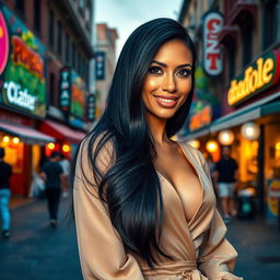 A beautiful woman with long, glossy black hair, wearing a stylish, elegant outfit, standing in a vibrant urban setting with colorful street art in the background