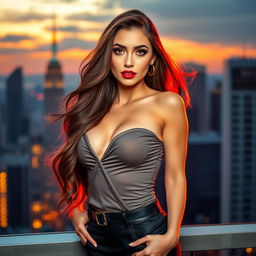 A stunningly attractive lady standing confidently, showcasing her beauty in a fashionable outfit that highlights her curves