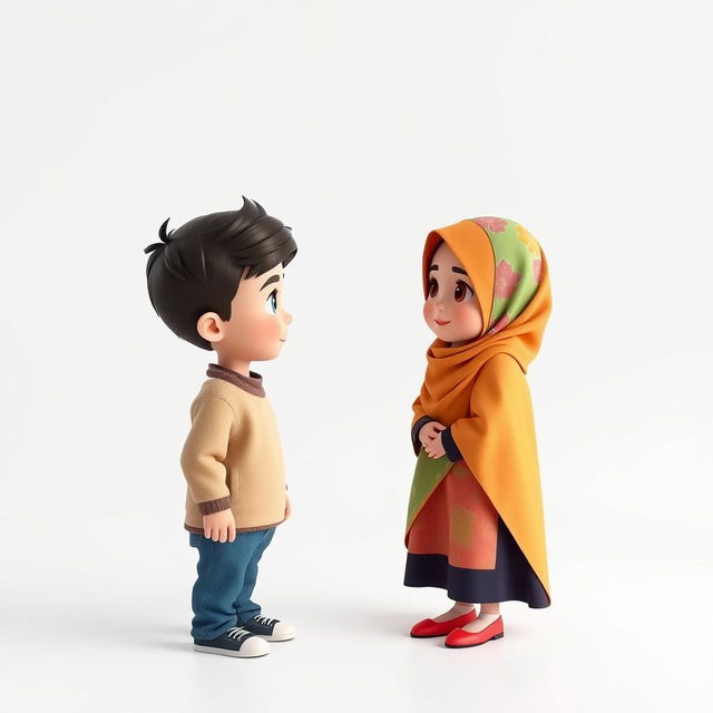 An artistic 3D view of a girl and a boy, with the girl on the right and the boy on the left