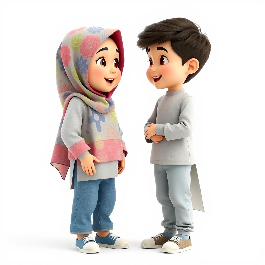 An artistic 3D view of a girl and a boy, with the girl on the right and the boy on the left