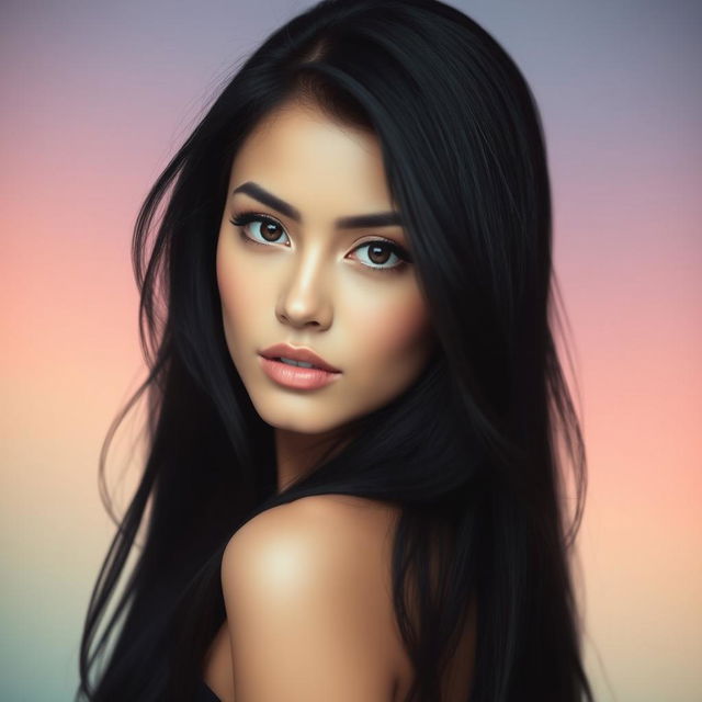 A captivating portrait of a woman with long, dark black hair, flowing elegantly around her shoulders