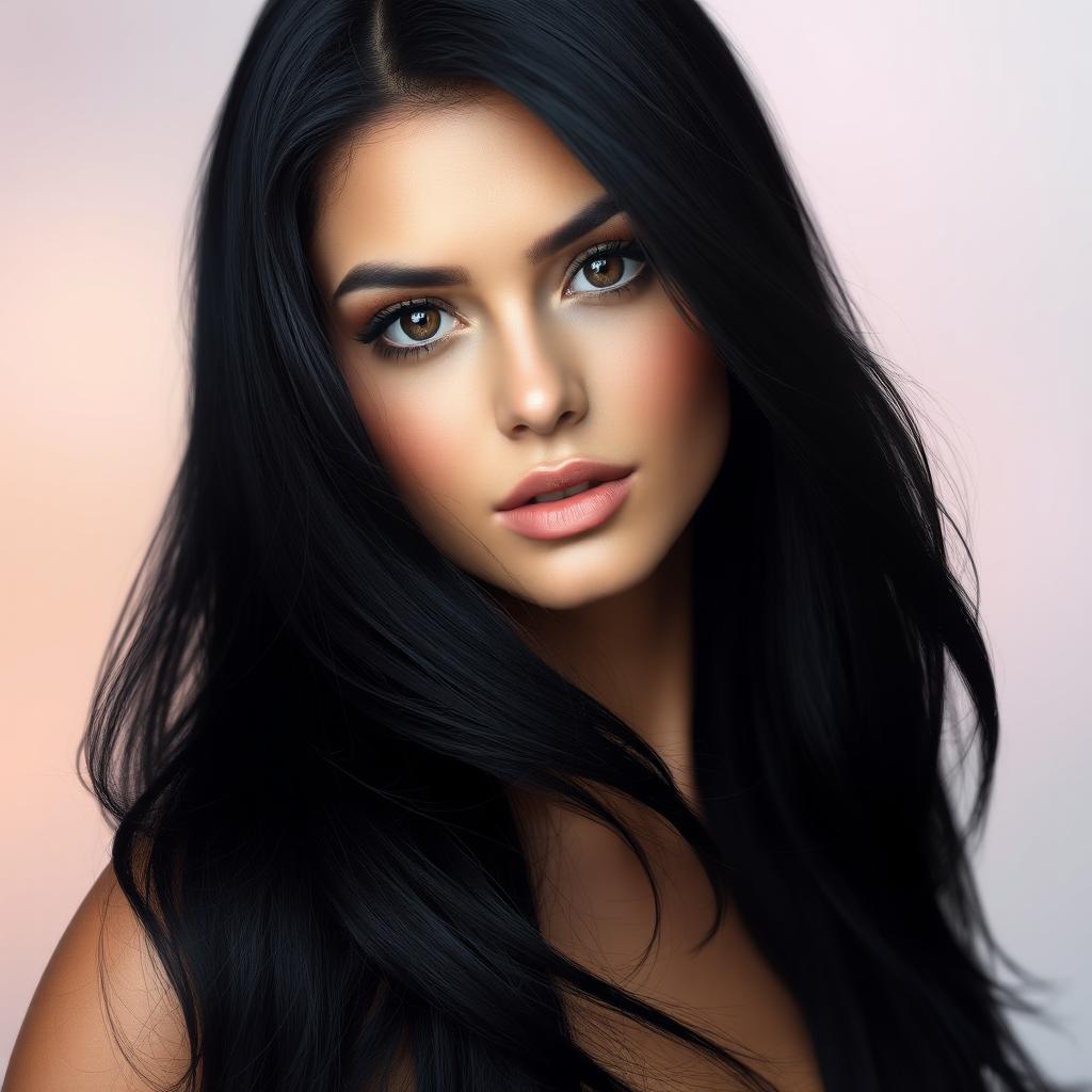 A captivating portrait of a woman with long, dark black hair, flowing elegantly around her shoulders