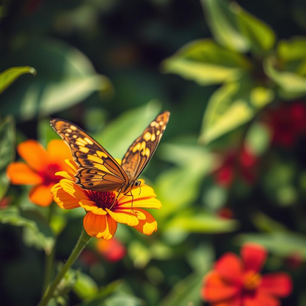 A realistic butterfly perched delicately on a vibrant flower in a lush green natural setting