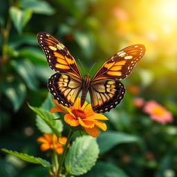 A realistic butterfly perched delicately on a vibrant flower in a lush green natural setting