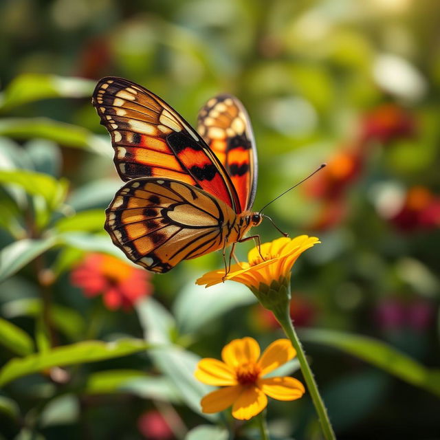 A realistic butterfly perched delicately on a vibrant flower in a lush green natural setting