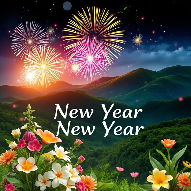 A vibrant New Year greeting scene filled with elements symbolizing peace, prosperity, and good health