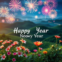 A vibrant New Year greeting scene filled with elements symbolizing peace, prosperity, and good health
