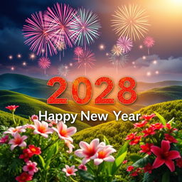 A vibrant New Year greeting scene filled with elements symbolizing peace, prosperity, and good health