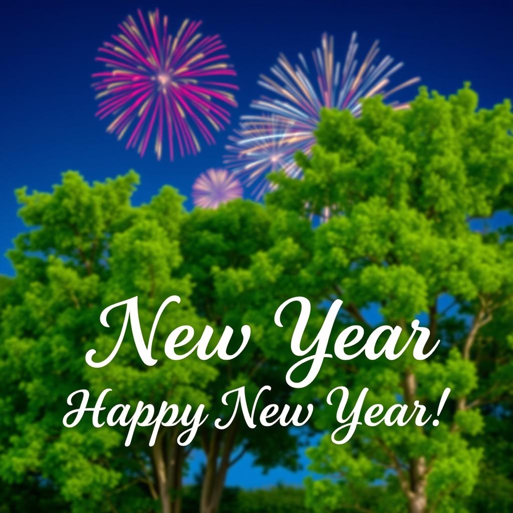 A vibrant New Year greeting scene featuring beautiful nature with lush green trees and a clear blue sky