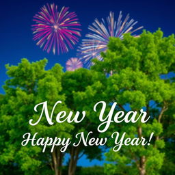 A vibrant New Year greeting scene featuring beautiful nature with lush green trees and a clear blue sky