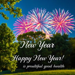 A vibrant New Year greeting scene featuring beautiful nature with lush green trees and a clear blue sky
