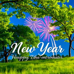 A vibrant New Year greeting scene featuring beautiful nature with lush green trees and a clear blue sky