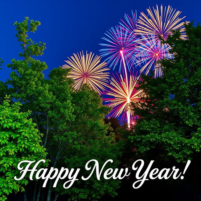 A vibrant New Year greeting scene featuring beautiful nature with lush green trees and a clear blue sky