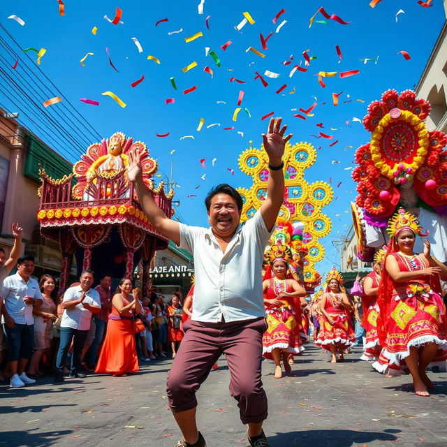 A vibrant and lively scene of Martin Romualdez energetically dancing during the Sinulog festival, surrounded by colorful floats, traditional dancers in elaborate costumes with bright patterns, and festive decorations