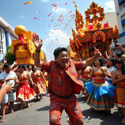 A vibrant and lively scene of Martin Romualdez energetically dancing during the Sinulog festival, surrounded by colorful floats, traditional dancers in elaborate costumes with bright patterns, and festive decorations