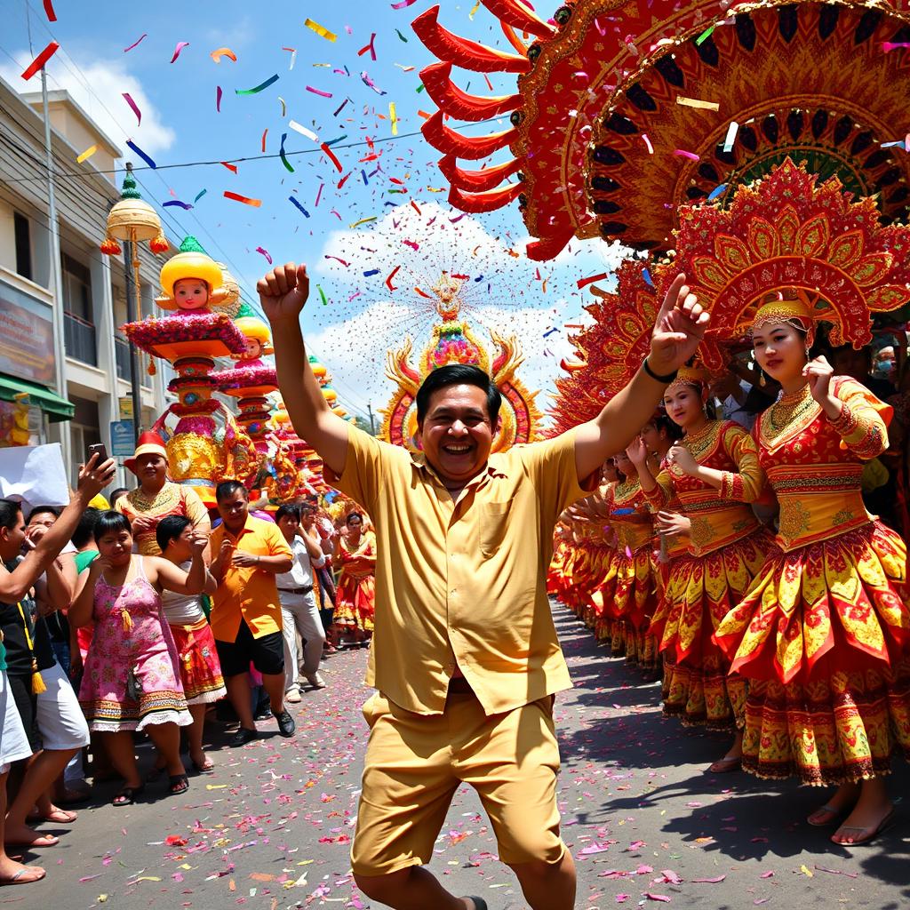 A vibrant and lively scene of Martin Romualdez energetically dancing during the Sinulog festival, surrounded by colorful floats, traditional dancers in elaborate costumes with bright patterns, and festive decorations