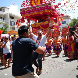 A vibrant and lively scene of Martin Romualdez energetically dancing during the Sinulog festival, surrounded by colorful floats, traditional dancers in elaborate costumes with bright patterns, and festive decorations