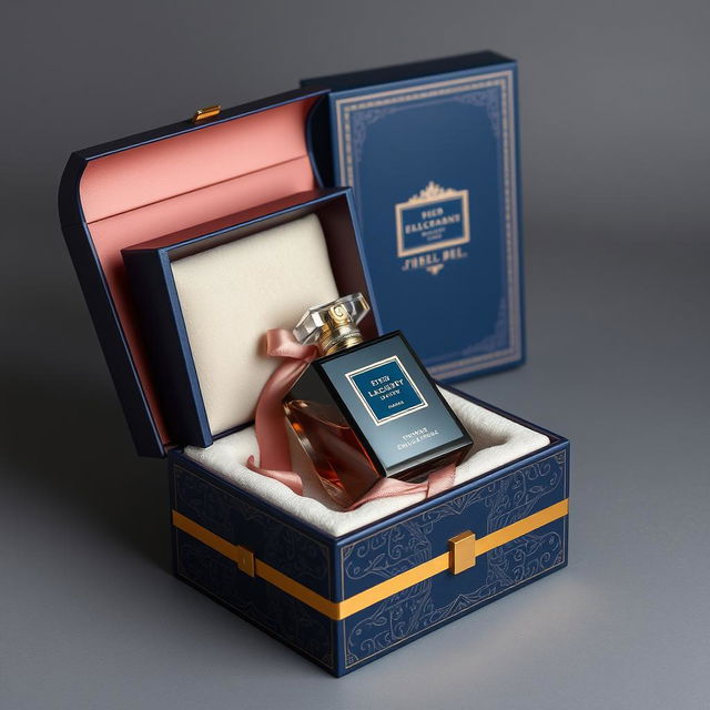 An exquisite luxury perfume packaging box, elegantly designed with a sophisticated aesthetic