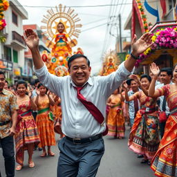 A dynamic scene of Martin Romualdez, a prominent Filipino politician, energetically dancing during the Sinulog Festival in the Philippines