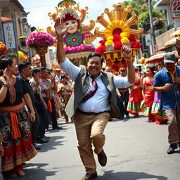 A dynamic scene of Martin Romualdez, a prominent Filipino politician, energetically dancing during the Sinulog Festival in the Philippines
