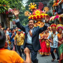 A dynamic scene of Martin Romualdez, a prominent Filipino politician, energetically dancing during the Sinulog Festival in the Philippines