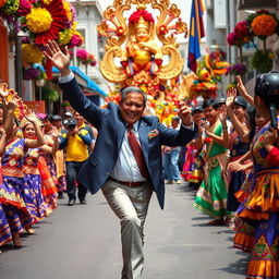 A dynamic scene of Martin Romualdez, a prominent Filipino politician, energetically dancing during the Sinulog Festival in the Philippines