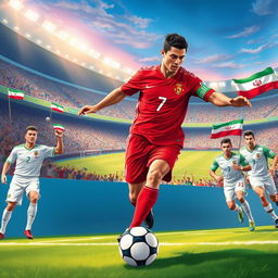 A highly detailed illustration of a football match between Ronaldo and an Iranian team
