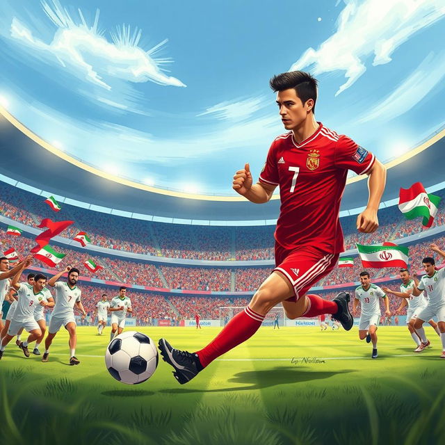 A highly detailed illustration of a football match between Ronaldo and an Iranian team