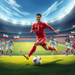 A highly detailed illustration of a football match between Ronaldo and an Iranian team